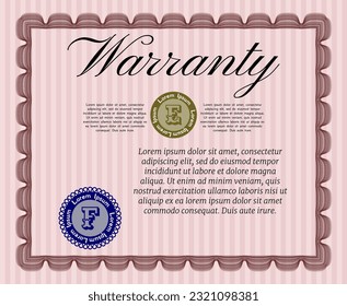 Vintage Warranty Certificate template. Money design.  With complex linear background.  Vector illustration.  Red color.