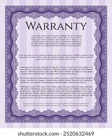 Vintage Warranty Certificate template. Money Pattern design.  With quality background.    Violet color.