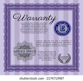 Vintage Warranty Certificate template. Perfect design.  Printer friendly.    Violet color.