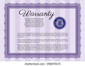 Vintage Warranty Certificate template. Retro design.   Vector illustration.  Violet color.