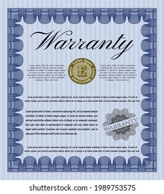 Vintage Warranty Certificate template. Sophisticated design.  With great quality guilloche pattern.  Vector illustration.  Blue color.