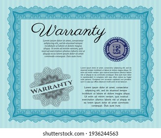 Vintage Warranty template. Cordial design.  With guilloche pattern.  Detailed.  Light blue color.