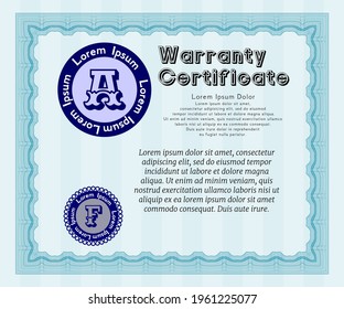 Vintage Warranty template. Cordial design.  With guilloche pattern.  Vector illustration.  Light blue color.