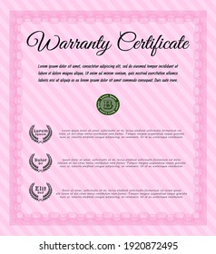 Vintage Warranty template. Money design.  With complex background.  Detailed.  Pink color.