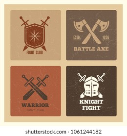 Vintage warrior sword and shield labels of set grunge effect. Vector illustration