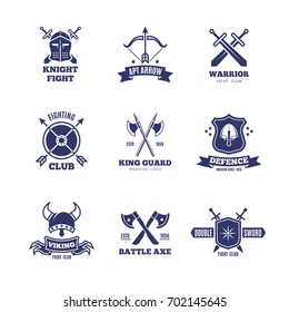 Vintage warrior sword and shield labels. Knight vector badges. Heraldry coat of arms logos. Emblem and label heraldry, sword and coat of arms design illustration