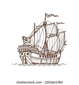 Barco vintage, boceto de velero con lienzo, caravana amurallada con icono de sketch de olas. Vector inglés galleon viejo barco, retro barco con lienzo