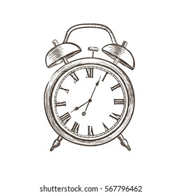  Vintage watch dial isolated engraving. Alarm clock in retro style.