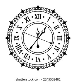 Vintage watch face with roman numerals ornate antique design with spear arrows monochrome line vector illustration. Retro mechanical watchface classic time accuracy pointer ticking circle clockwise