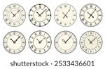 Vintage watch faces. Retro clocks with carved hour and minute arrows. Roman numerals. Antique elegant design. Round old dials. Mechanical chronometer. Vector classic