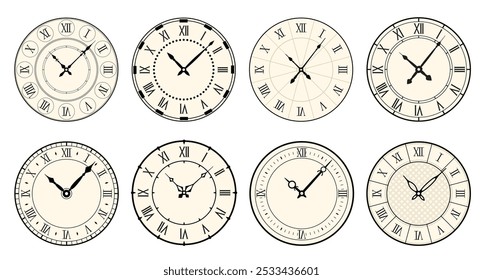 Vintage watch faces. Retro clocks with carved hour and minute arrows. Roman numerals. Antique elegant design. Round old dials. Mechanical chronometer. Vector classic