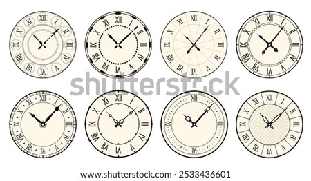 Vintage watch faces. Retro clocks with carved hour and minute arrows. Roman numerals. Antique elegant design. Round old dials. Mechanical chronometer. Vector classic