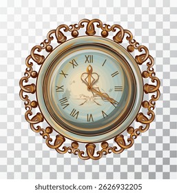Vintage watch in openwork frame. Hand drawn in realistic style. Isolate, clip art, Vector illustration.