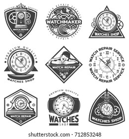 Vintage watches repair service labels set with repairman mechanisms and clocks in monochrome style isolated vector illustration