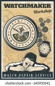 Vintage watches repair service poster with working master clocks details and mechanisms vector illustration