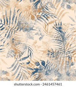 Vintage water color summer tropical pattern design in vector, Seamless pattern with palm leaves on beige textured background, Palm leaves. Tropical seamless background pattern