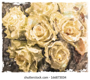 Vintage watercolor background with roses yellow roses. 