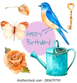 Vintage watercolor birthday card. Watercolor set of vintage elements: butterfly, rose flower, bird, keys, watering can. Retro romantic collection of hand drawn elements for your design. 