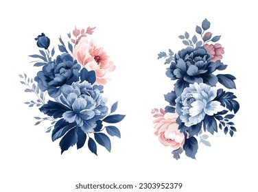 Vintage watercolor blue and pink flowers, isolated and editable vector.