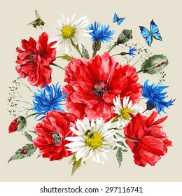 Vintage watercolor bouquet of wildflowers, poppies daisies cornflowers, watercolor vector illustration, ladybird bee and blue butterflies on beige background