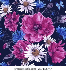 Vintage watercolor bouquet of wildflowers, seamless pattern with poppies daisies cornflowers, watercolor vector illustration, ladybird bee and blue butterflies on dark background