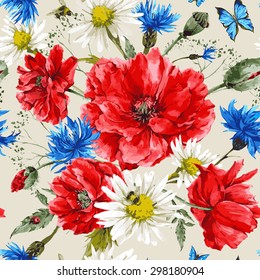 Vintage watercolor bouquet of wildflowers, seamless pattern with poppies daisies cornflowers, watercolor vector illustration, ladybird bee and blue butterflies on beige background