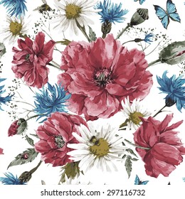 Vintage watercolor bouquet of wildflowers, shabby seamless pattern with poppies daisies cornflowers, watercolor vector illustration, ladybird bee and blue butterflies on white background