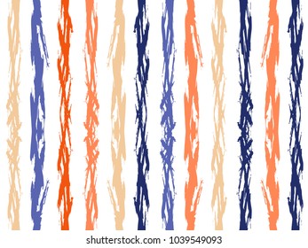 Vintage watercolor brush stripes seamless pattern. Navy blue, violet, pale brown and peach orange paintbrush lines vertical seamless texture for backdrop. Hand drown paint strokes graphic artwork.
