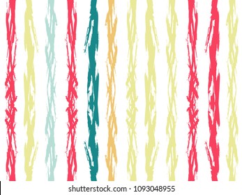 Vintage watercolor brush stripes seamless pattern. Pink, red, amber, blue, and cyan paintbrush lines vertical seamless texture for backdrop. Hand drown paint strokes graphic artwork. For cloth print.