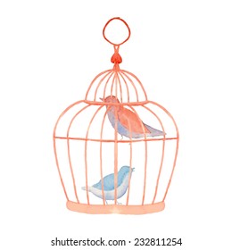 Vintage watercolor cage. Hand painted vector illustration with birds