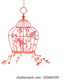 Vintage watercolor cage. Hand painted vector illustration with plants and birds. Floral wedding object