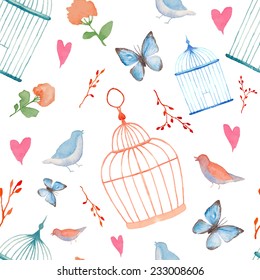 Vintage watercolor cage pattern. Hand painted vector seamless texture with plants, cages, branches, hearts, butterfly and birds. 