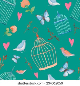 Vintage watercolor cage pattern. Hand painted vector seamless texture with plants, cages, branches, hearts, butterfly and birds. 