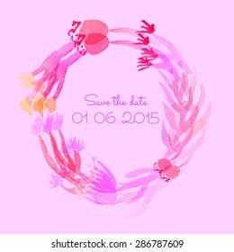 Vintage Watercolor Card with Blooming Flowers. Save the date. Vector Illustration.