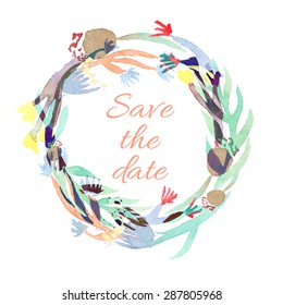 Vintage Watercolor Card with Blooming Flowers. Save the date. Vector Illustration.