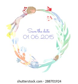 Vintage Watercolor Card with Blooming Flowers. Save the date. Vector Illustration.