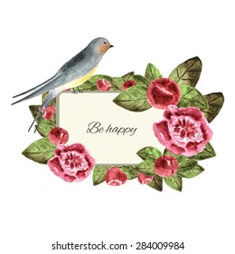 Vintage watercolor card with peonies, bird and text space