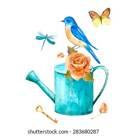Vintage watercolor card. Watercolor set of vintage elements: butterfly, rose flower, bird, keys, dragonfly, watering can. Retro romantic collection of hand drawn elements for your design.