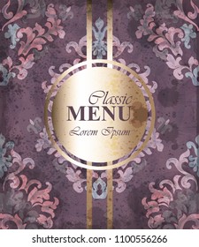 Vintage watercolor classic ornament card Vector. Baroque classic background. Golden frame menus
