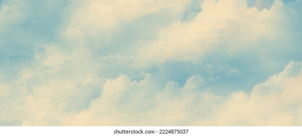 Vintage watercolor clouds and blue sky. Old paper vector illustration. Aged painted art background for cover design, cards, flyer, poster. Hand drawn grunge backdrop for design. Watercolour texture.