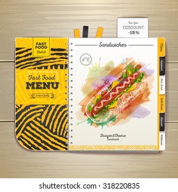 Vintage watercolor fast food menu. Sandwich sketch corporate identity