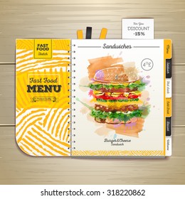 Vintage Watercolor Fast Food Menu. Sandwich Sketch Corporate Identity