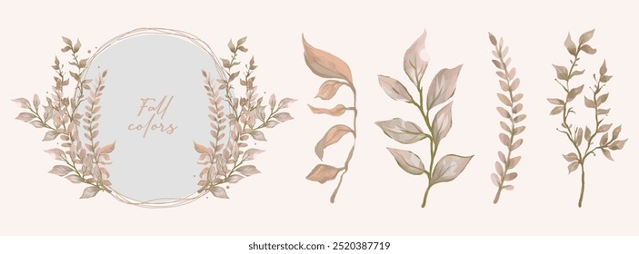 Vintage watercolor floral illustration set including a bouquet arrangement and an individual element collection of dry brown leaves and stems in Fall colors