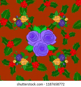 Vintage watercolor floral vector wedding invitation with abstract English roses with green leaves, botanical natural brown, green and orange rose seamless pattern.
