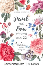 Vintage watercolor floral vector wedding invitation with peonies and garden flowers, botanical natural peonies Illustration. Summer floral peonies greeting card