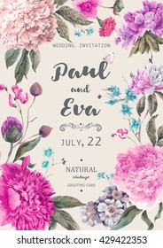 Vintage watercolor floral vector wedding invitation with peonies and garden flowers, botanical natural peonies Illustration. Summer floral peonies greeting card