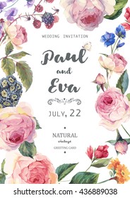 Vintage watercolor floral vector wedding invitation with English roses and wildflowers, botanical natural rose Illustration.