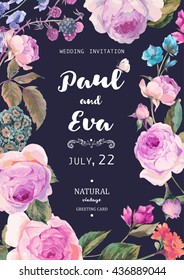 Vintage watercolor floral vector wedding invitation with English roses and wildflowers, botanical natural rose Illustration. 