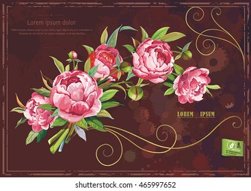 Vintage watercolor floral vector wedding card with peonies, illustration with summer flowers, eps8