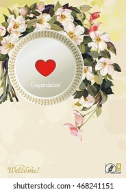 Vintage watercolor floral vector wedding card with Beautiful spring blossoming apple tree and cherry, illustration with flowers, eps8